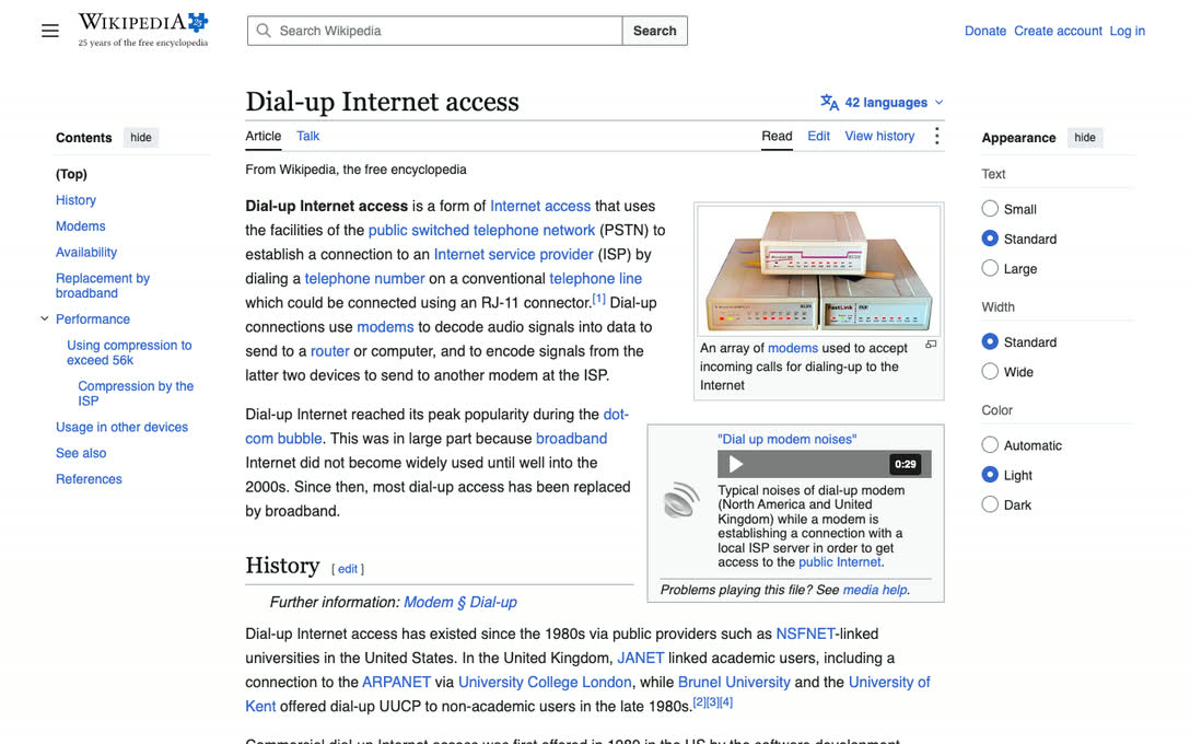 56k loading the Wikipedia article on dial-up Internet access at 56 Kbps: the page arrives from the top down until the status bar reads Document: Done.