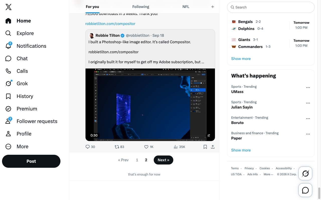 Pagination at work on X: the feed stops at a page break with Prev, pages 1 and 2, Next, and the line that’s enough for now.